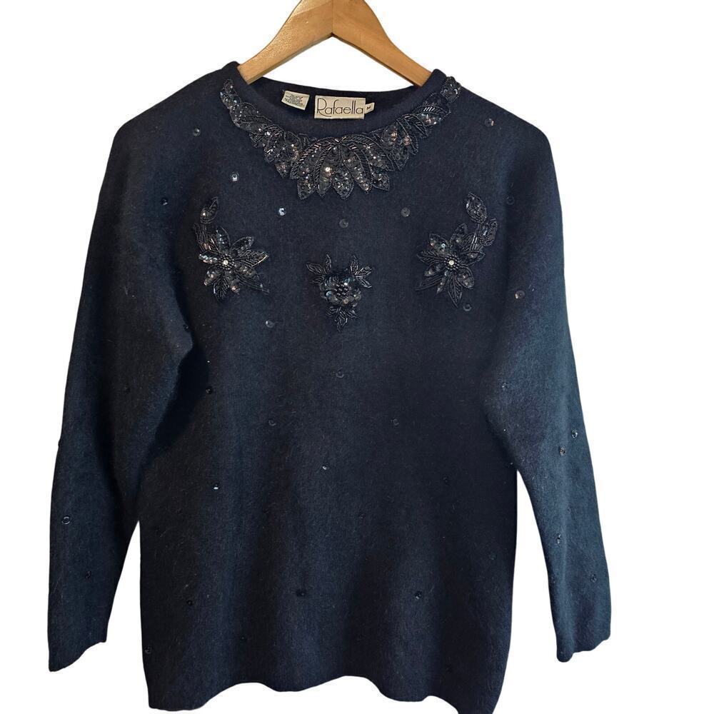 Vintage Rafaella Sweater Women Medium Black Lambswool Angora Beaded Glam Classic